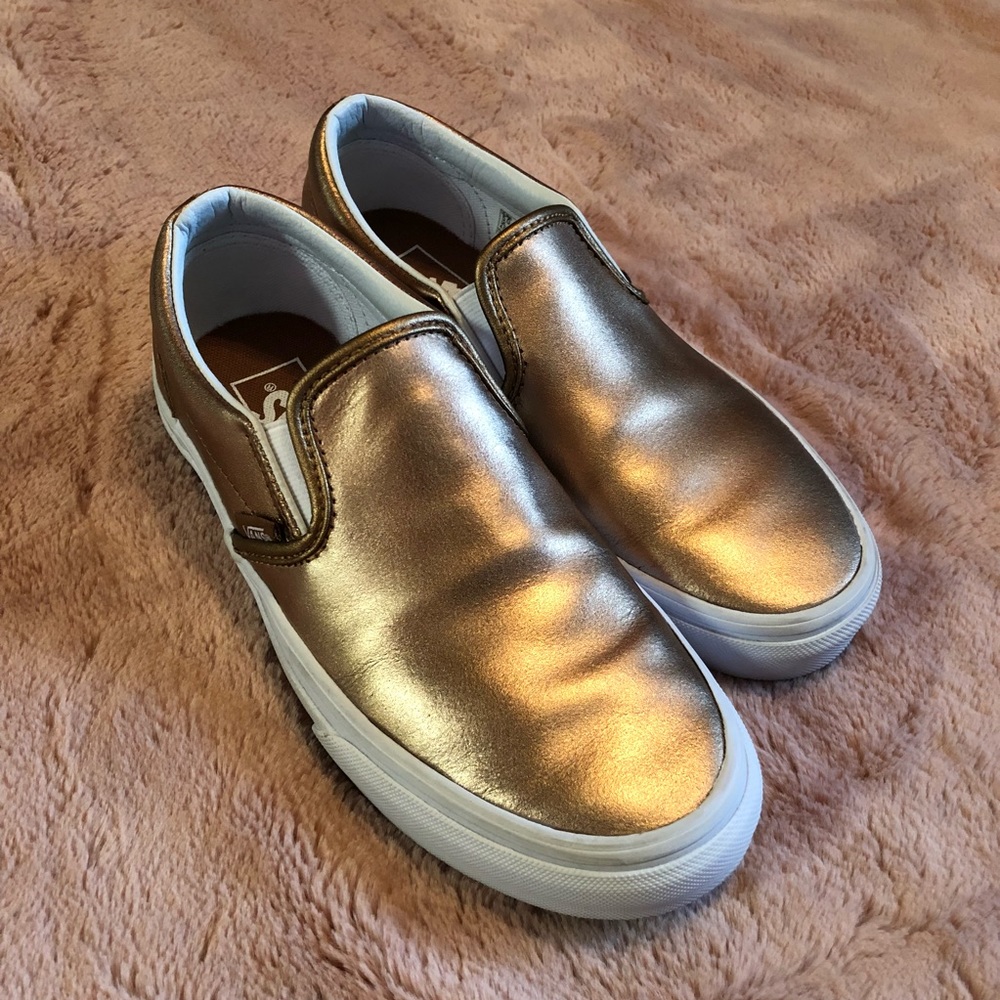 Metallic rose gold vans slip on white size 6.5